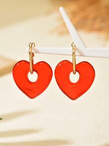 一对可爱红色心形镂空吊坠耳环，Y2K风格日常佩戴饰品，适合女性，情人节礼物 - 紅色 - 查看 5