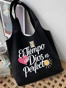 一套帆布单肩包+黑色收纳袋，印有心形、太阳图案和“Tiempo De Dios Perfect”白色文字，便携休闲收纳手提包，方便旅行收纳包，大容量旅行化妆包，手提包，旅行包，多功能购物袋，是购物、婚礼、生日、海滩、假期、返校、圣诞节、感恩节、新年礼物的理想之选。 - 彩色 - 查看 7