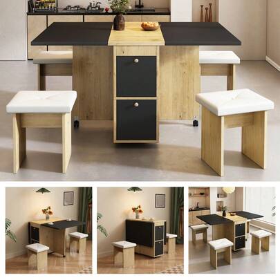 Dining Set (With Dining Table, 4 Chairs), Folding Dining Table, 120*80*75cm, Extendable Dining Table, Multifunctional Extendable Dining Table, Dining Chairs, White + Oak + Black