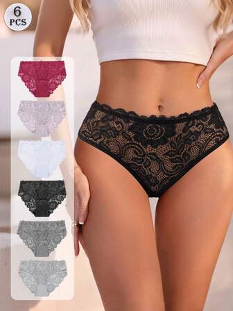 6 st kvinnors blommiga spets elastiska triangeltrosor, trosset för kvinnor