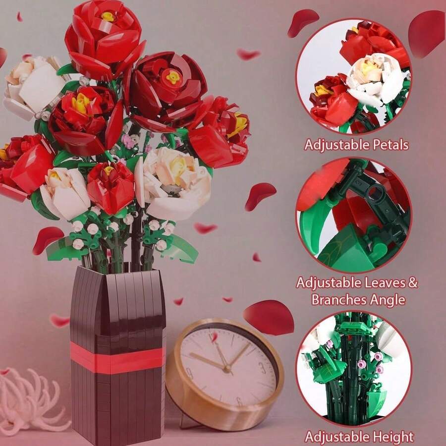Flower Bouquet Building Set – Roses Building Blocks With Vase, Home Décor Kit, Creative Toy Building Set For Adults, Ideal Housewarming Gift - 玫瑰花 - 查看 1