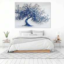 [2D Flat] 1Pc Framed Ready To Hang, Modern Abstract Colorful Tree Of Life Scenery Canvas Wall Art,  Retro Graffiti Tree Posters Painting Pictures Wrapped Framed Print, Blue & White 3D Textured Tree Canvas Wall Decor For Living Room, Bedroom, Modern Spaces, Art Collectors, Unique Style Home Decor - 藍色 - 查看 3