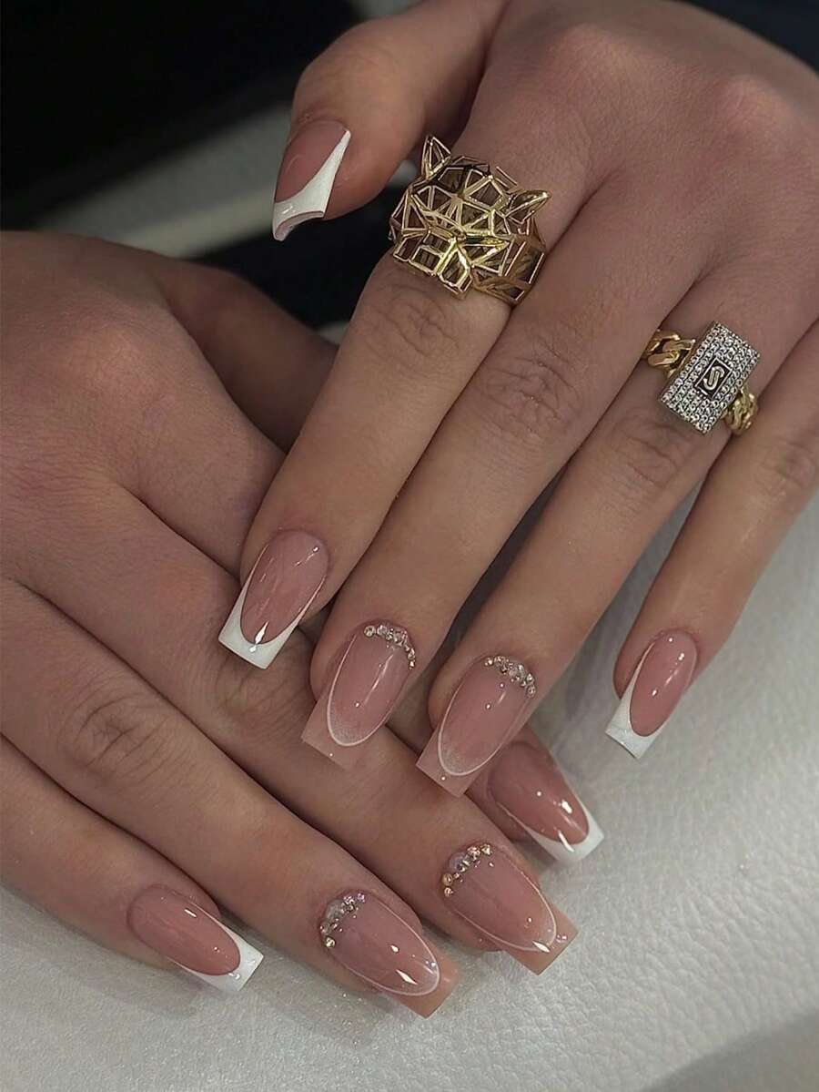 24pcs Medium Square Gradient Acrylic Nails, Y2K Pink & White 3D Stiletto Fake Nails Set With Rhinestone Decor, Suitable For Nail Salons, Girls & Women Daily Wear, Festivals And New Year Gifts Nail Supplies - Multicolor - View 1