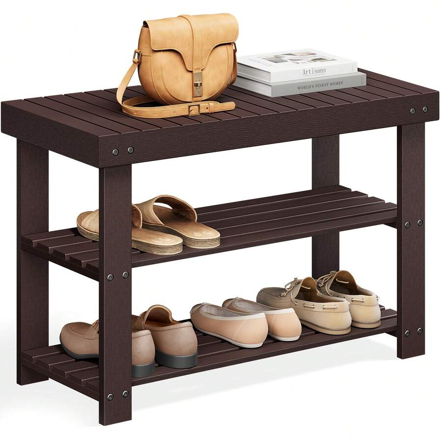 SONGMICS Banco Zapatero, Organizador para Zapatos de Bambú, 28.7 x 70.1 x 45.3 cm, para Sala de Estar, Dormitorio, Marrón - Marrón rojizo - Ver 1