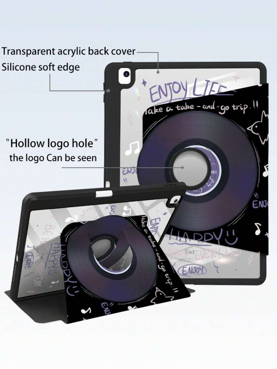 1 Piece, Purple Record CD Pattern Double-Sided Printing Tablet Rotating Protective Case, Transparent Acrylic Back Cover, Suitable For Ipad 10/9/11th 2025, Supports Automatic Wake/Sleep, Multi-Angle Support Method, With Pen Tray, Essential Protective Case Accessories For Office And Study, Non-Magnetic Protective Case