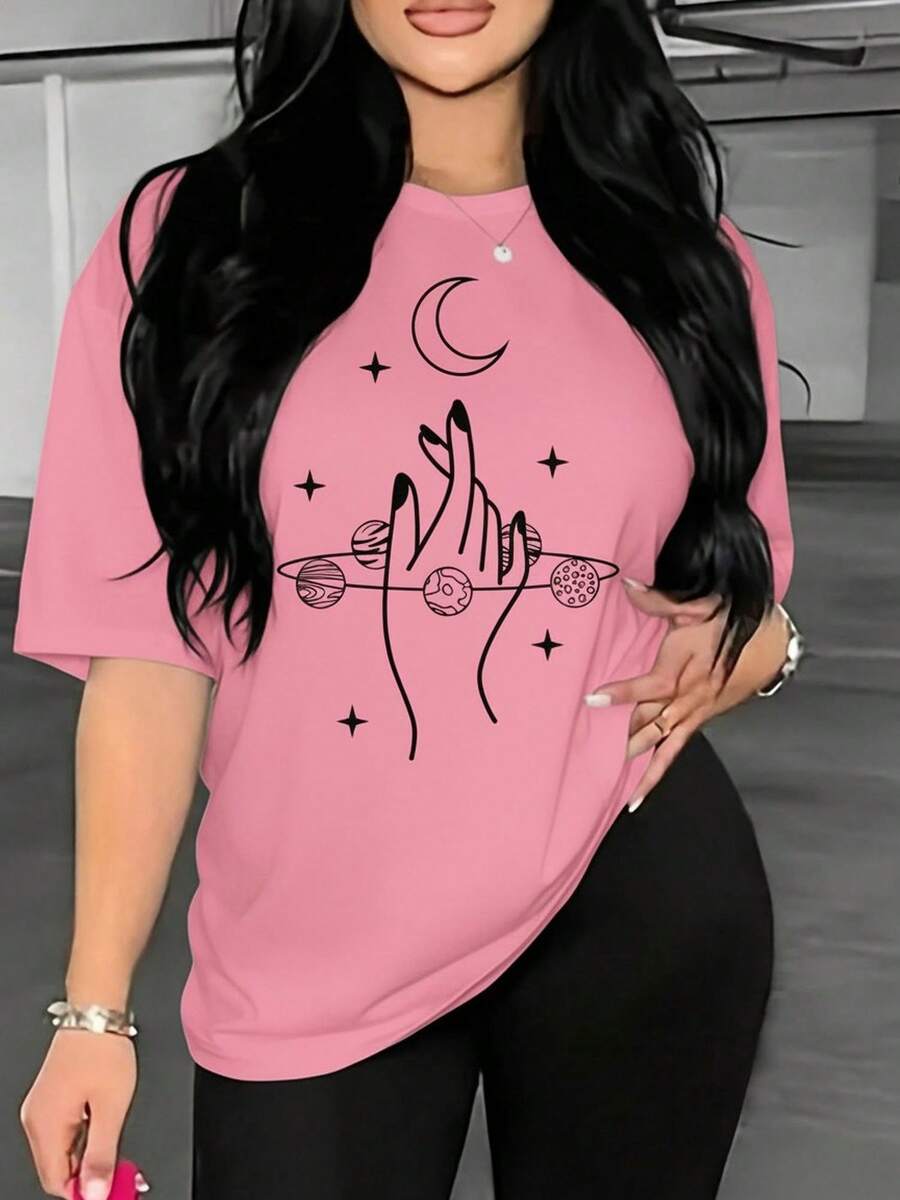 Women's Elegant Chic T-Shirt With  Hand Print, Planets, And Moon, Cotton Blouse, Casual, Cute, Premium Knit, Short Sleeve, Round Neck - 淺粉色 - 查看 1