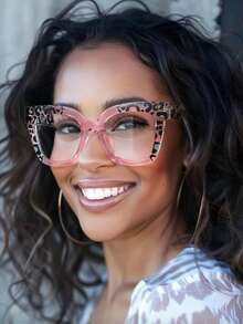 1 Pair Leopard Print Oversized Retro Personalized Transparent Eyeglasses, Oval Versatile Clear Lens - 02413-豹紋 - 查看 3