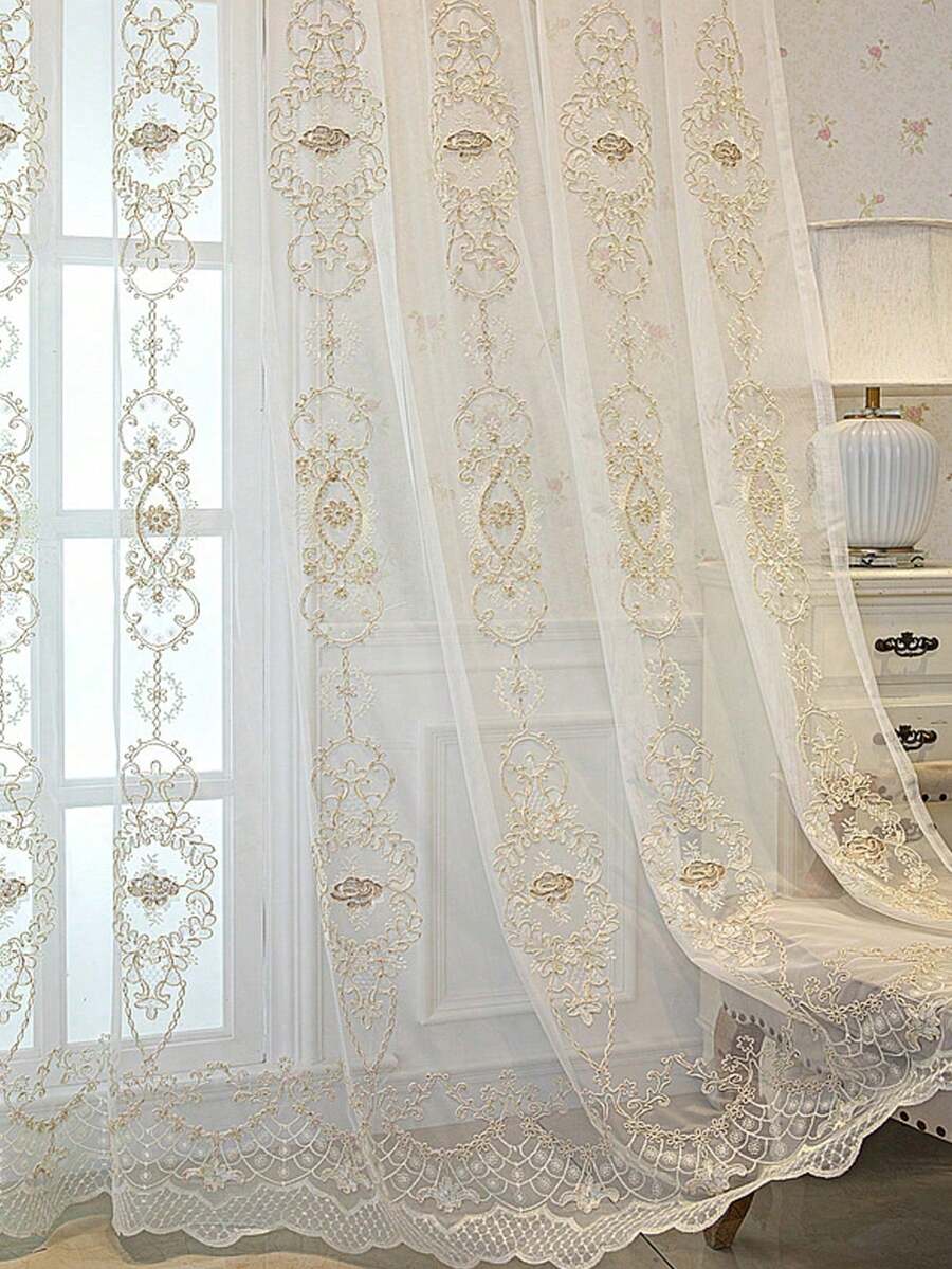 Cortina de tule rosa moderna, luxuosa e elegante, estilo europeu, perfurada (1 peça), para sala de estar e quarto. - Multicolorido - Ver 1