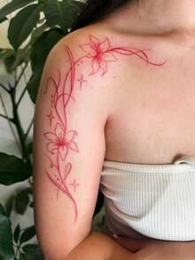 This Temporary Tattoo Sticker Features A Chinese Style Red Floral Art Design. It Is Water-Washable, Single-Use, Waterproof, Sweat-Proof, And Non-Reflective, Suitable For Application On The Arms And Back. The Realistic Tattoo Pattern Is Perfect For Fashion-Forward Users, Lasting3-5Days. - Red - View 3