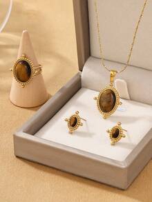 4pcs Stainless Steel Vintage Gold-Tone Pendant Necklace, Earrings, Ring Jewelry Set, Inlaid Brown Gemstone, Suitable For Women's Daily Wear Or Gift - Yellow Gold - View 2