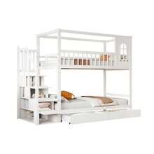 Bunk Bed For Children, 90*200cm, Solid Wood Double Bed, House Shape With Windows, Safety Fence Design, With Storage Drawers And Safety Ladder, Wood Color - 白色2 - 查看 6