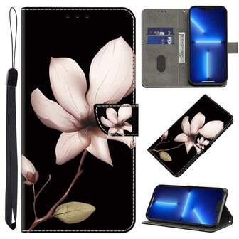 GLANDOTU Funda de teléfono con tapa estilo magnolia de respaldo negro con cordón, soporte y portacartas para protección contra golpes. Elegante funda de teléfono de piel sintética con estampado floral, adecuada para muchas marcas y modelos de teléfonos celulares