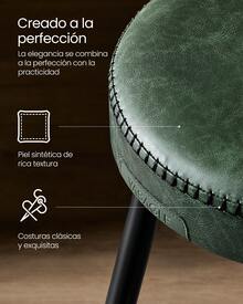 VASAGLE EKHO Collection - Set Of 2 Bar Stools, Kitchen Stools, Breakfast Stools, With Stitching, 63 Cm High, Dining Chair, Easy Assembly, Caramel Brown - Dark Green - View 6