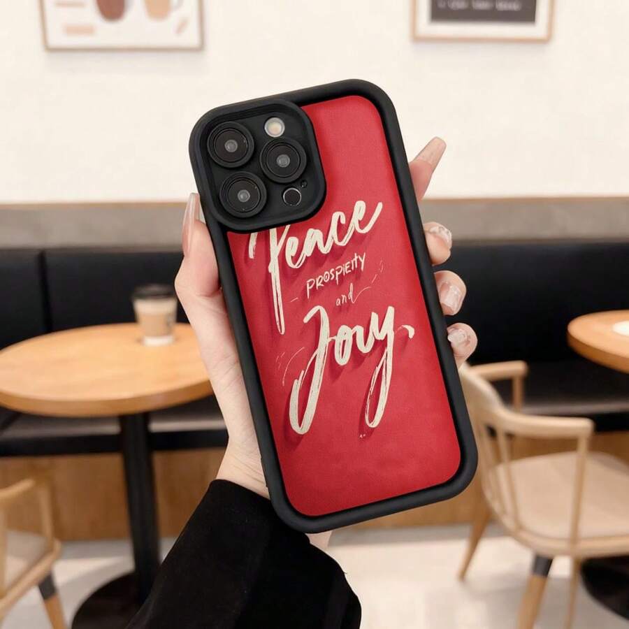 Cubierta de teléfono con borde negro y diseño rojo con texto Peace Prosperity and Joy para uso diario en cafeterías y espacios urbanos Aplicable a los teléfonos de la serie Apple y Galaxy - Negro - Ver 1