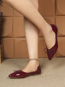 Bailarinas de punta retro de cuero suave con suela blanda y bloque de color, versátiles y adecuadas para vestidos, para todas las estaciones - Burdeos - Ver 5