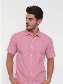 Men's Casual Slim Fit Short-Sleeved Plaid Shirt With Pockets. - Rosa - Ver 3