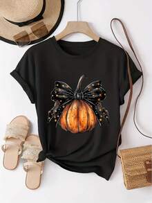 casual round neck t shirt for women with letter and pumpkin print breathable and comfortable summer parties and daily use loose fit short sleeve regular length spring ladies t shirts - Negro - Ver 1