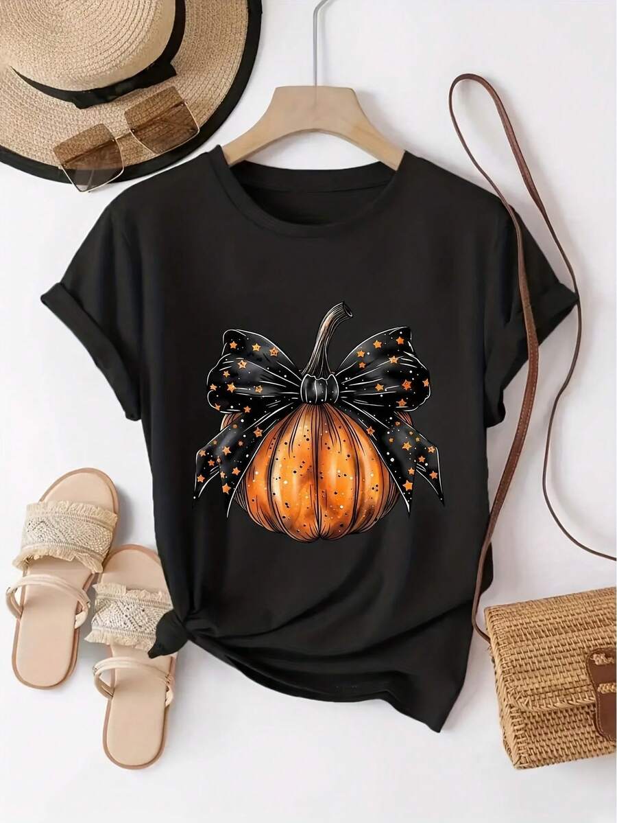 casual round neck t shirt for women with letter and pumpkin print breathable and comfortable summer parties and daily use loose fit short sleeve regular length spring ladies t shirts - Negro - Ver 1