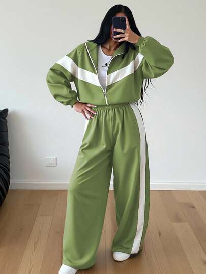 2pcs/Set Color Block Patchwork Casual Elegant Zip-Up Hoodie Set, Suitable For Sports, Home, Office, Street Wear In Spring, Autumn And Winter. Loose Fit Long Sleeve Sweatshirt For Women In Autumn/Winter