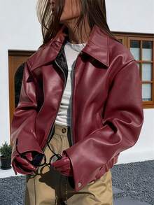 Black Edgy Biker Casual Loose Long Sleeve Leather Jacket For Women, Autumn/Winter Fall Cloth For Women - Đỏ - Xem 1