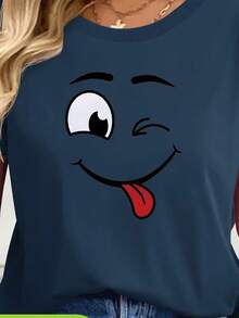 Women's T-Shirt With Funny Happy Face Print, Cotton Blouse, Casual, Cute, Premium Knit, Short Sleeve, Round Neck Shirt - 藏蓝色 - 查看 2