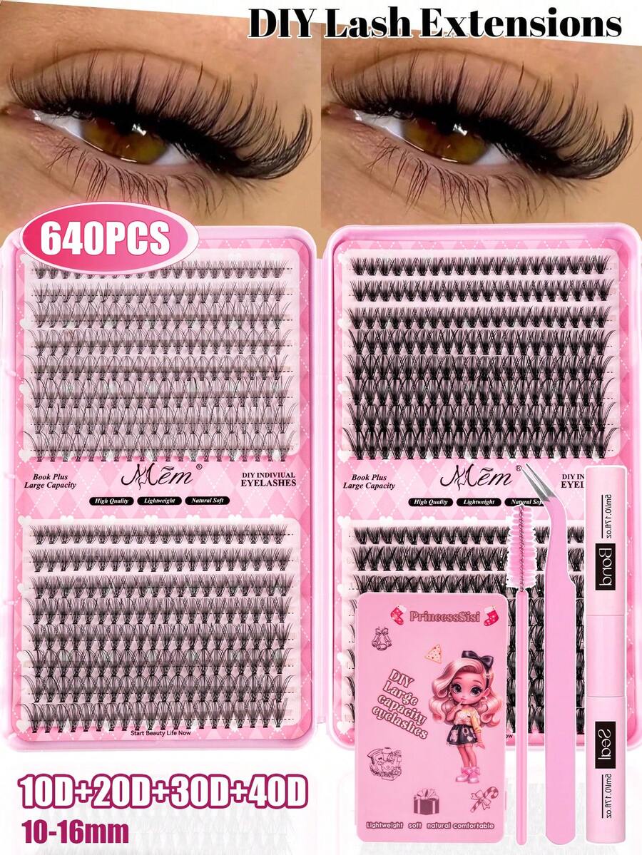 640pcs Eyelash Extension Kit, DIY Eyelash Extension Set (8-16mm), Individual Eyelash Cluster Kit, D-Curl Eyelash Extension Set, Includes Glue, Sealant And Eyelash Extension Tools, Eyelash Kit, Eyelash Cluster, Eyelash Mascara, Artificial Eyeliner (10D+20D+30D+40D+50D+60D), Suitable For Daily Use, Parties, Travel Or As Gifts For Family And Friends - 黑色 - 查看 1