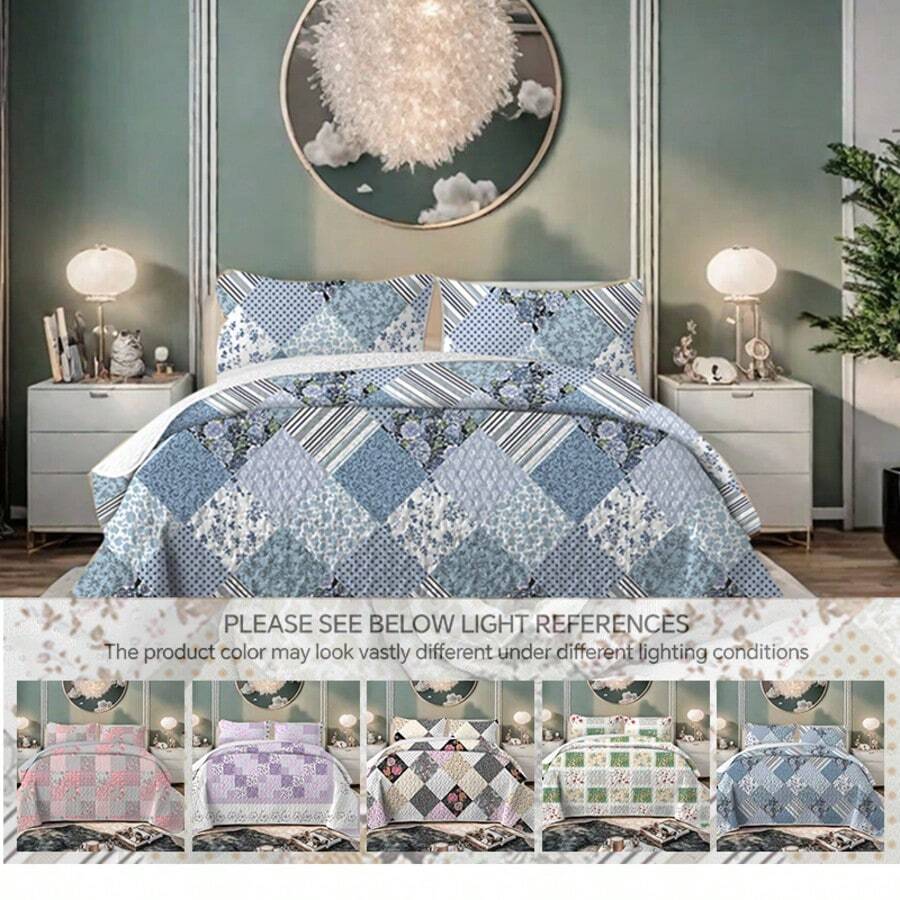 3 Pieces Full/Queen/King Size Aesthetic Quilt Set, Machine Washable Cozy Bedding Coverlet, Microfiber Quilt Cover, Cozy Quilted Blanket Bedding Sets With Pillow Shams, Embroidery Thin Comforter, 2 Pieces Twin Quilt Set - Màu xanh bụi bặm - Xem 1