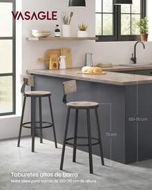 VASAGLE Taburete Alto Juego de 2 Taburetes Altos de Cocina con Respaldo Estructura de Acero Asiento de 73 cm de Altura Fácil Montaje Estilo Industrial Greige y Negro - Beis - Ver 4