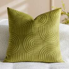 1/2 件装天鹅绒毛绒装饰抱枕套 几何绗缝枕套 蓬松柔软纯色长方形靠垫套 - 橄欖綠 - 查看 13