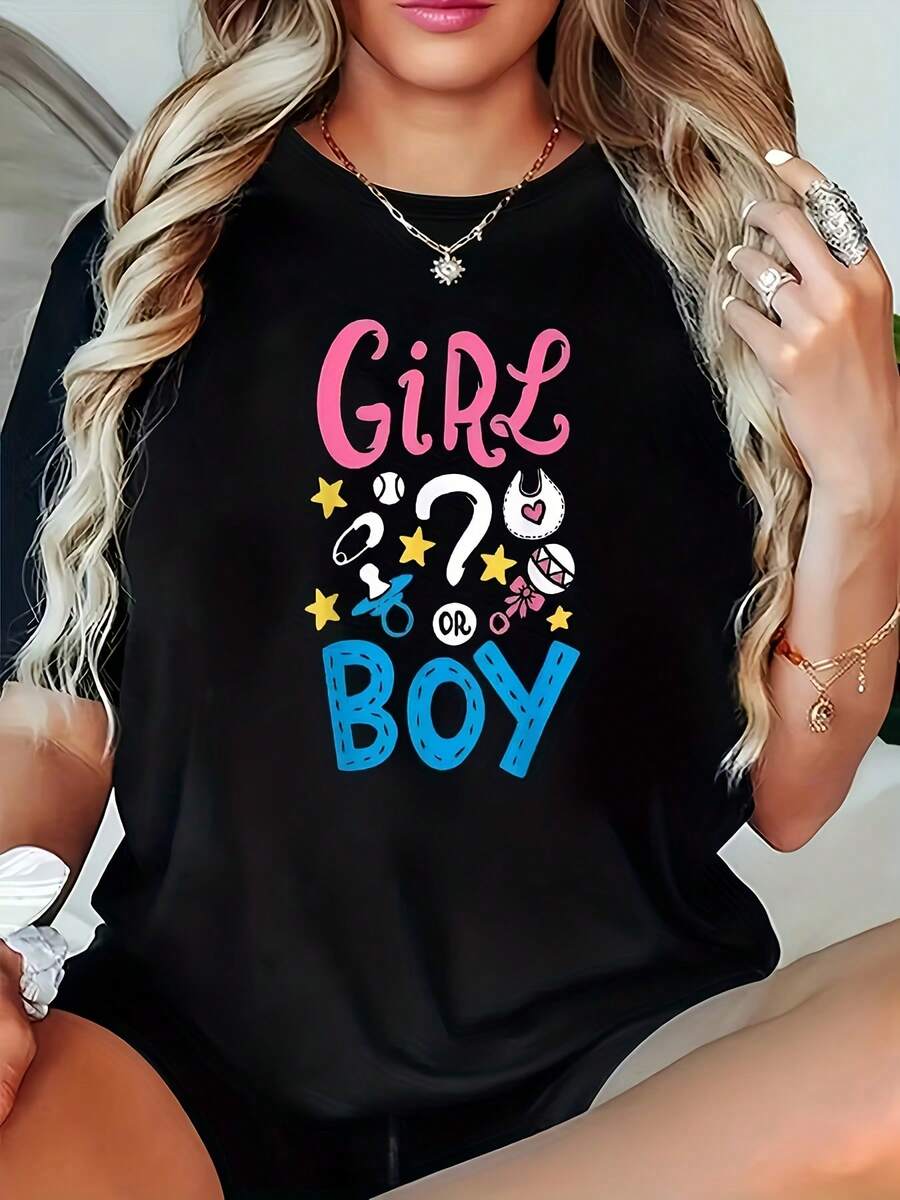 Men&Women's Gender Reveal T-Shirt - Cute Shower Outfit With " Or " Text, Pink & Gender Reveal Design, Soft Stretchy Fabric, Machine Washable Pregnancy Announcement Shirt For Women, Spring Summer Fall Casual Wear, Pregnancy Clothes, Playful Graphic Tee - màu đen - Xem 1