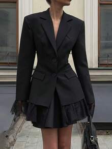 女士时尚优雅蕾丝拼布翻领西装外套 - 黑色 - 查看 5