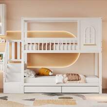 Bunk Bed For Children, 90*200cm, Solid Wood Double Bed, House Shape With Windows, Safety Fence Design, With Storage Drawers And Safety Ladder, Wood Color - 白色 - 查看 8