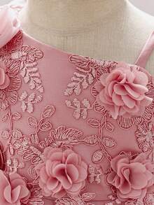 Vestido de Princesa con Lazo y Flor de Malla para Niñas Bebé, Adecuado para Fiesta de Niña de Flores, Patrón Floral de Tela con Corte Aleatorio, Diadema No Incluida - Rosa vieja - Ver 7