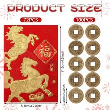 Velocion-Outus 72 Pcs 2026 Chinese New Year Red Envelopes Year Of Horse Red Envelopes Cartoon Horse Hong Bao Lucky Money Packet With 100 Brass Chinese Feng Shui I Ching Coin For Spring Festival 3.2 X 4.5 Inch - 紅色 - 查看 2