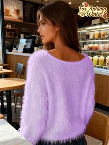 Casual Solid Color Soft Fleece Pullover - Mauve Purple - View 2