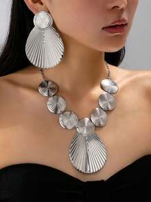3件套前卫几何贝壳纹理夸张首饰套装，适合女性在艺术展览、节日和日常场合佩戴。 - 銀色 - 查看 12
