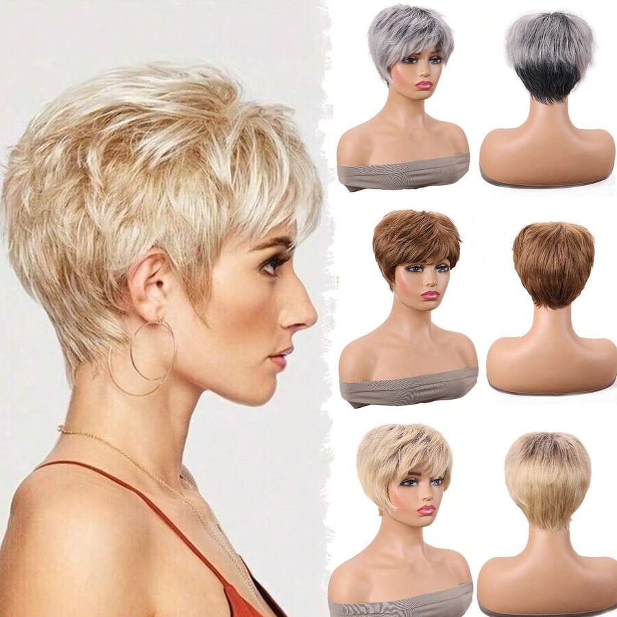 Short Wigs For Women With Bangs Gray Mixed Synthetic Hair Fiber Mixed Color Pixie Cut Wig Natural Looking Daily Use Hair - Multicolor - View 1