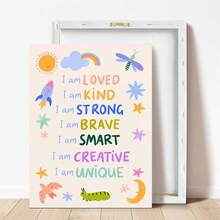 1 tranh vải canvas treo tường kèm khung, dành cho phòng trẻ em, với những câu khẳng định tích cực. Hình minh họa sống động, câu nói "Tôi là...". Thông điệp truyền cảm hứng. Thích hợp trang trí phòng trẻ em, phòng em bé, phòng chăm sóc trẻ em, trường mẫu giáo, phòng bé trai/bé gái, phòng vui chơi. Chống thấm nước. Quà tặng trang trí tiệc. - Nhiều màu - Xem 4