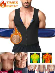 Mens Fitness Sauna Sweat Suit Vest Shapewear Waist Trainer Trimmer Thermo Heat Trapping Belly Abdomen Compression Fat Burner Slimming Firm Tummy Control Tank Top Body Shaper Shirts Zipper Girdle Corset Sports Gym - 黑色 - 查看 3