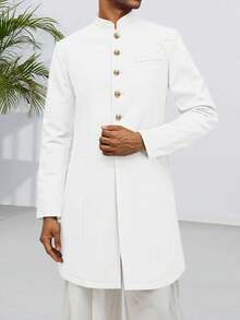 Runcati Mens Kurta Coats  Mandarin Collar Attire  Outfits Wedding Festive Party Clothing Casual Kaftan Robe - 白色 - 查看 1