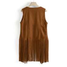 Womens Vintage Western Fringe Vest Tops Classic Suede Vest Sleeveless Tassels Cardigan Jackets - 卡其色 - 查看 5