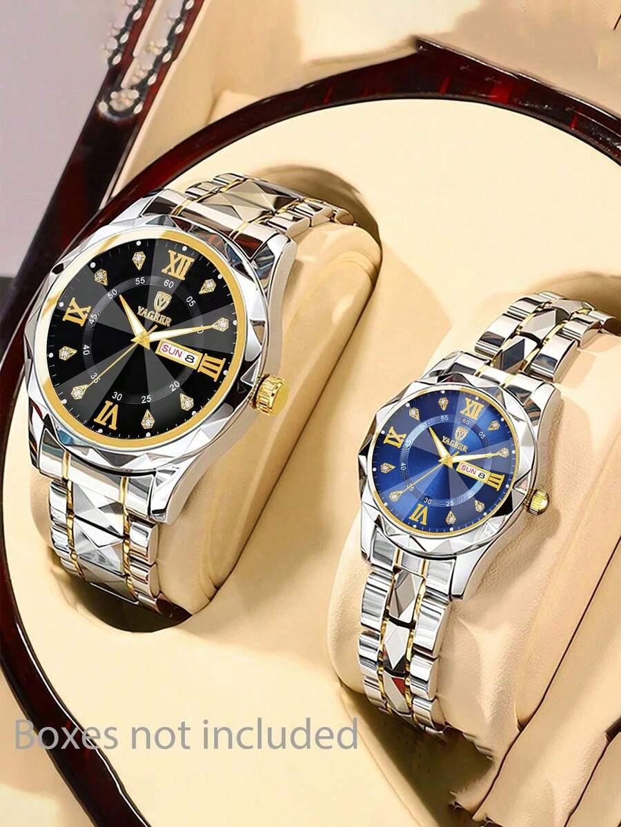 2pcs Stainless Steel Couple Watches, Alloy Strap & Dial, Dual Calendar Date Display, Rhinestone Marked Quartz Wristwatch, Valentine's Day Gift - Multicolor - View 1