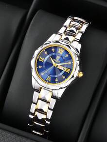 2pcs Stainless Steel Couple Watches, Alloy Strap & Dial, Dual Calendar Date Display, Rhinestone Marked Quartz Wristwatch, Valentine's Day Gift - Multicolor - View 5