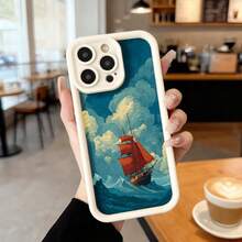 Cubierta de teléfono con borde negro y diseño de barco pirata en el mar azul para iPhone 14 Pro Max estilo vintage ideal para uso diario en cafeterías y viajes Aplicable a los teléfonos de la serie Apple y Galaxy - Burdeos - Ver 4