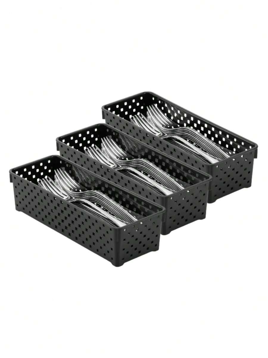 Set Of 3 Black Plastic Grid Organizers For Closets And Drawers - màu đen - Xem 1