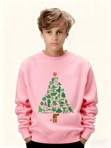 Christmas Tree Constructed Of Classic Space Opera Icons Boys Sweatshirts Kid Round Neck Pullover Featuring Grogu Mandalorian Millennium Falcon X Wing Fighter - Hồng - Xem 1