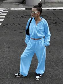 女士时尚纯色天鹅绒休闲运动服套装，包括连帽拉链短款上衣和抽绳阔腿裤 - 藍色 - 查看 4