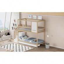 Beliche infantil, 90*200cm, cama de casal em madeira maciça, formato de casinha com janelas, design com grade de , gavetas para armazenamento e escada de , cor madeira. - Castanho - Ver 7