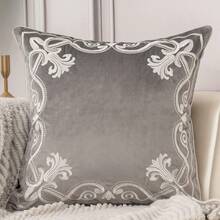 European Floral Pillow Cover 20x20 Inch Luxury Velvet Embroidered Decorative Throw Pillow Cover For Couch Bedroom Living Room Grey And White - 灰色 - 查看 1