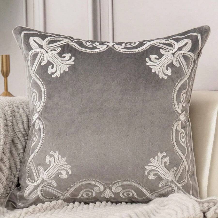 European Floral Pillow Cover 20x20 Inch Luxury Velvet Embroidered Decorative Throw Pillow Cover For Couch Bedroom Living Room Grey And White - 灰色 - 查看 1